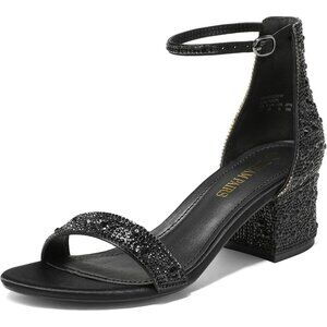 Dream Pairs Women's Black/Rhinestone Chunky Block Heel Ankle Strap Sandals Shoes